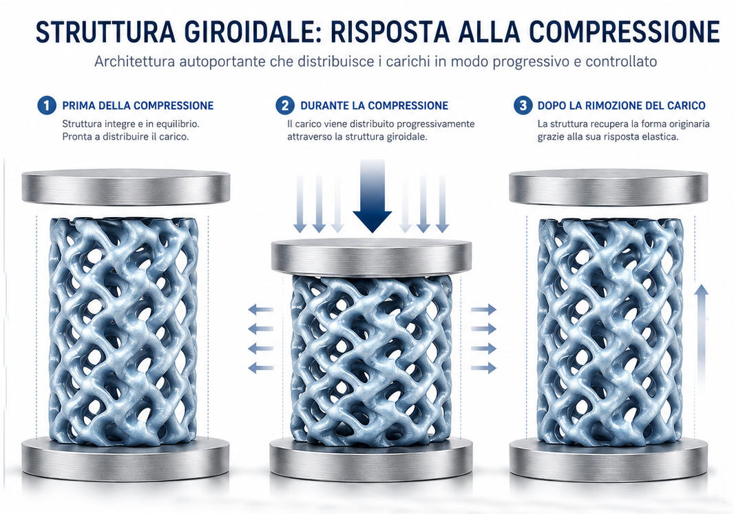 Struttura giroidale prima, durante e dopo la compressione